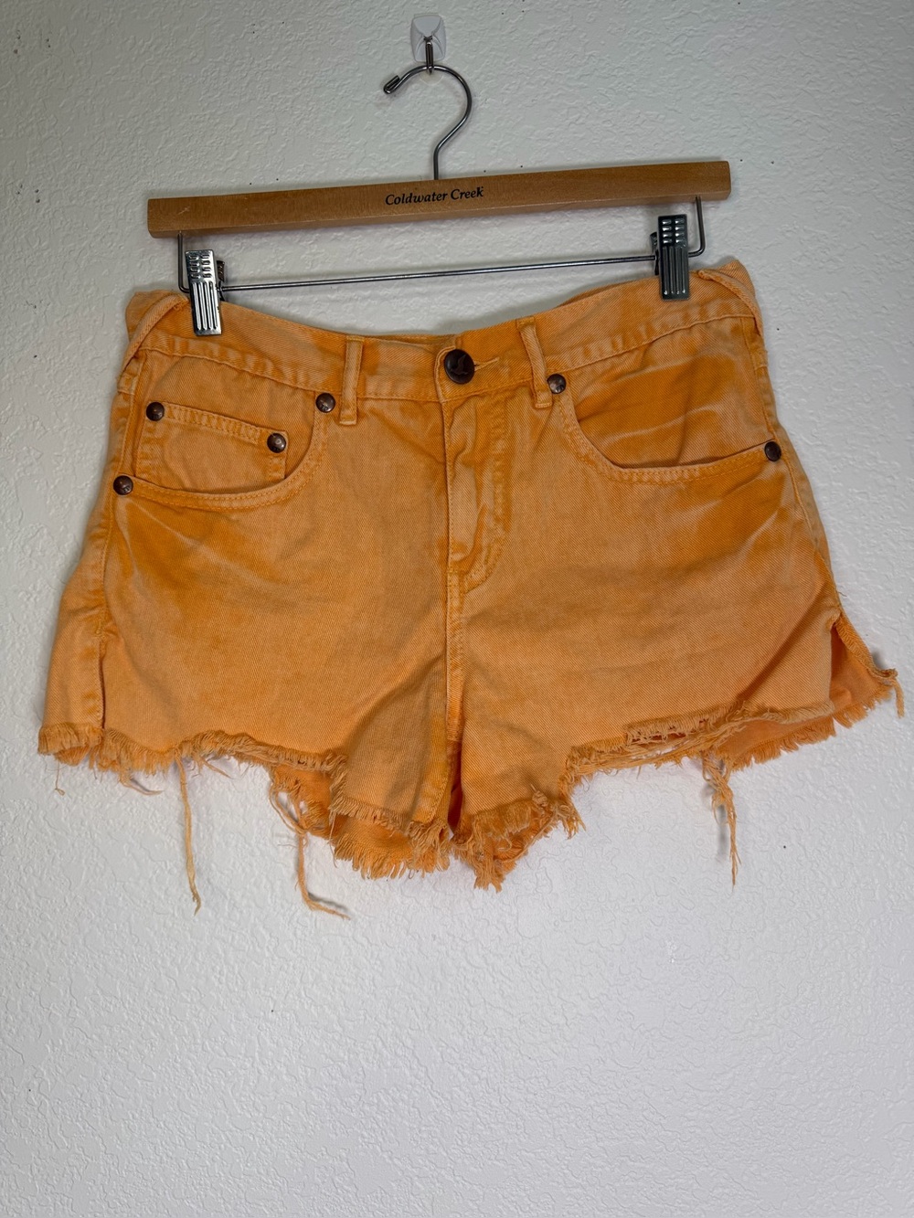 Free People Orange Frayed Denim Shorts, Size 27
